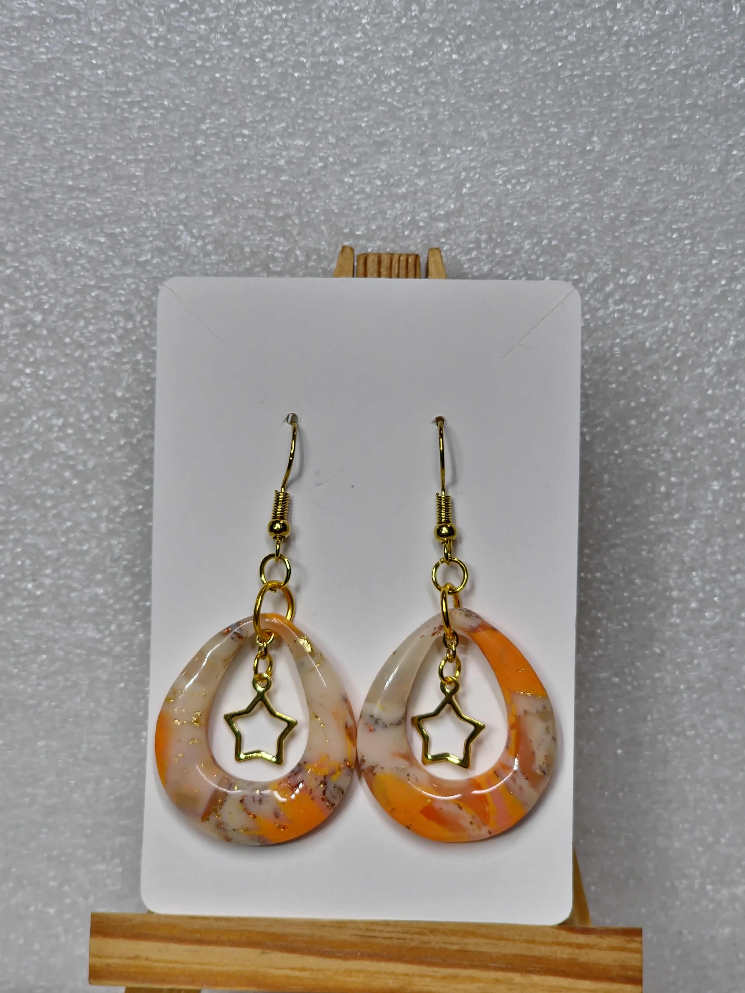Multicolor Oval Drop Earrings with Gold Star in the Center Cutout- Polymer clay & Stainless Steel Posts.