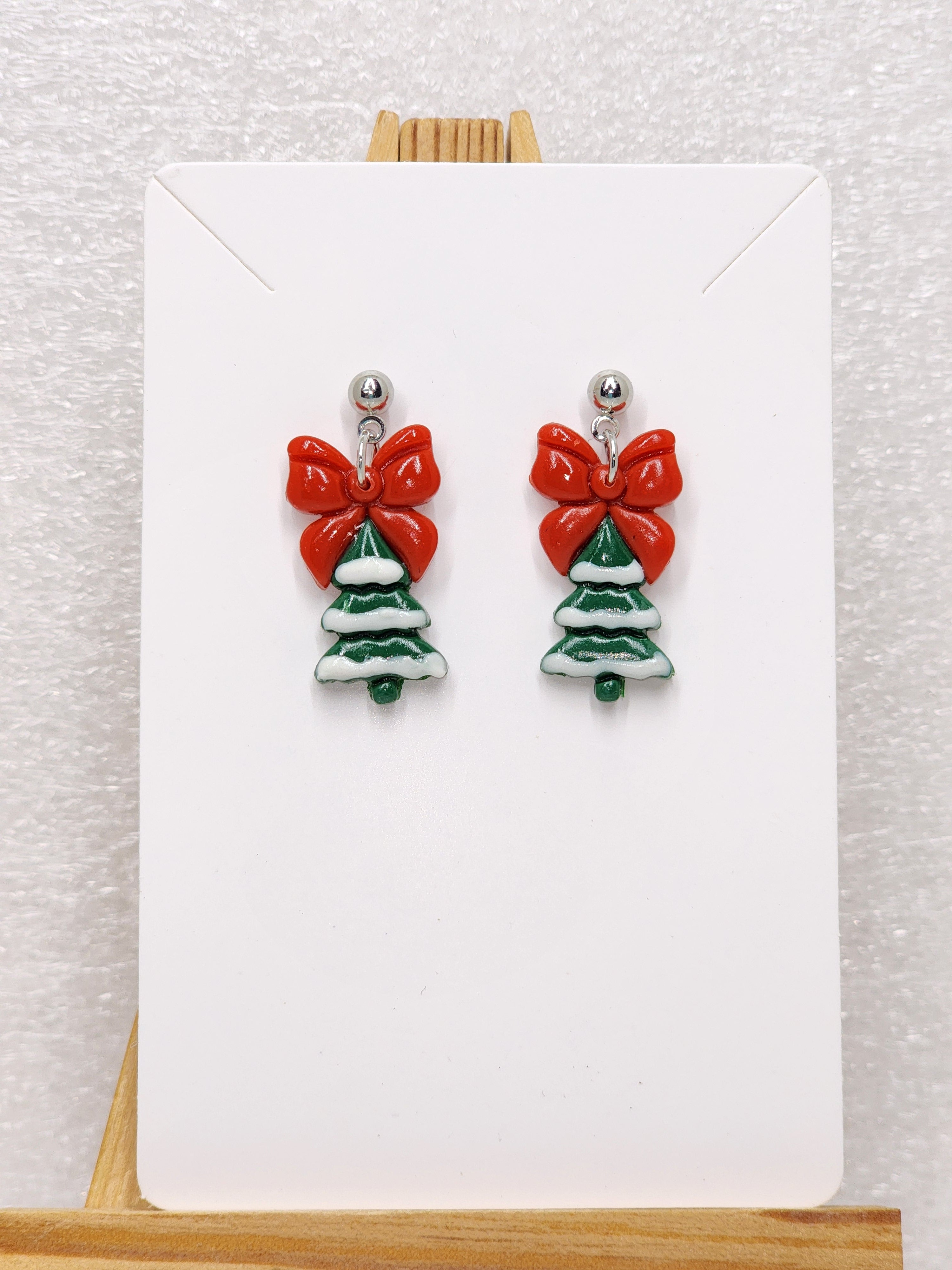 "Holiday Cheer Earrings – Red Bow & Snowy Tree"