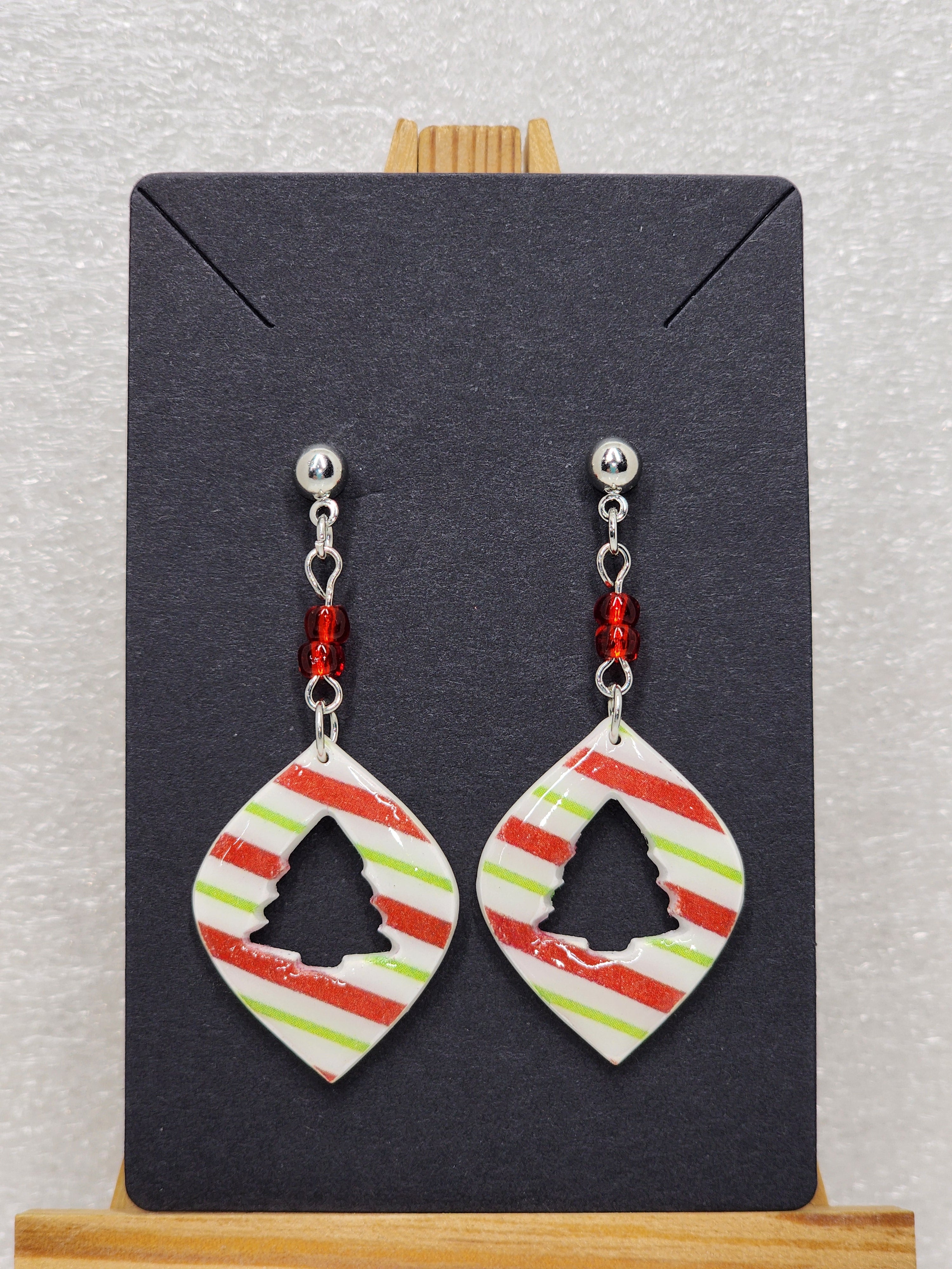 Christmas Tree Cutout Earrings – Red, White & Green Striped Teardrops with Silver tone Studs