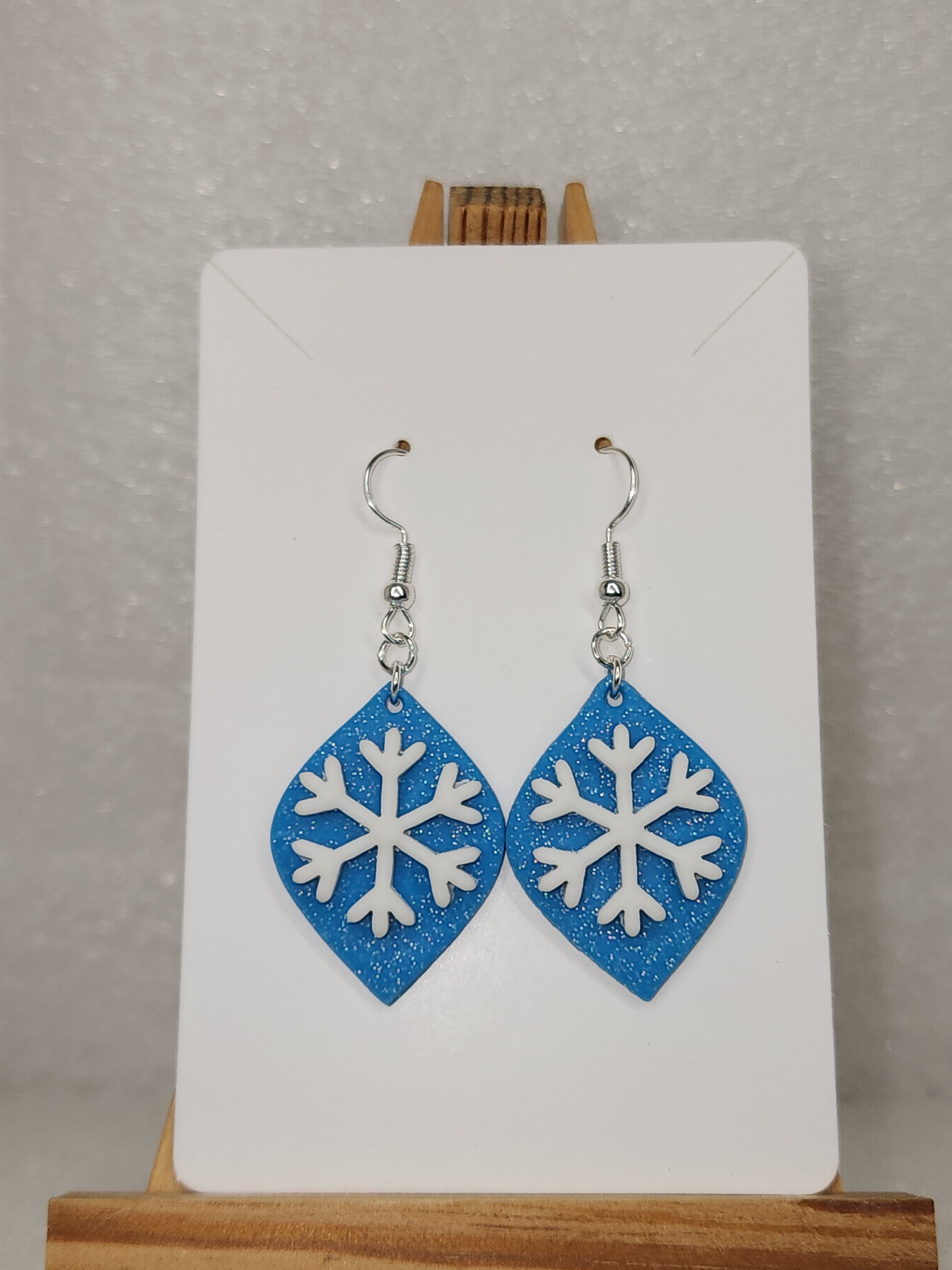 Sparkling Blue Snowflake Earrings-Handmade Lightweight Polymer Clay Winter Jewelry