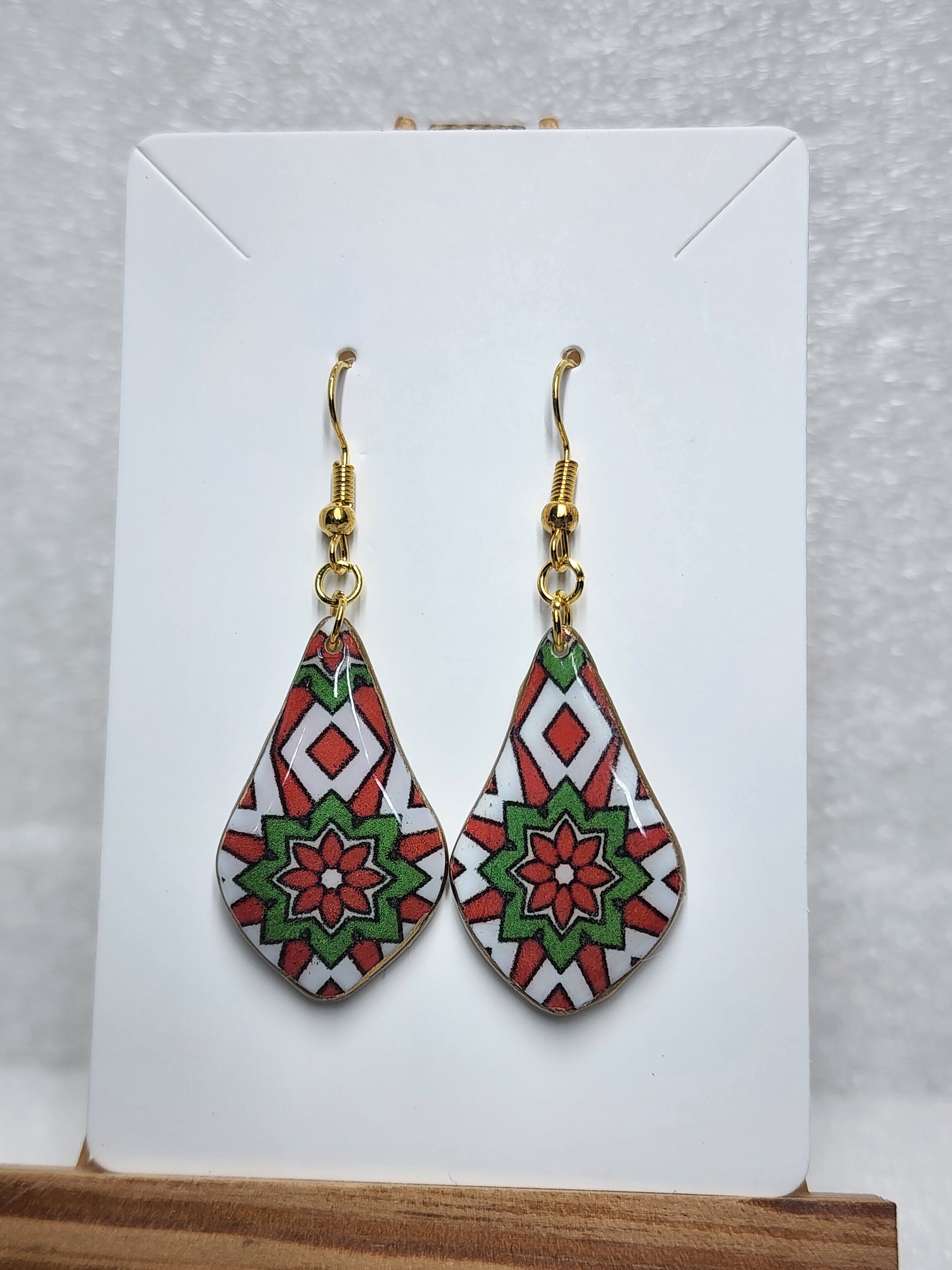 Handmade Polymer Clay Holiday Geometric Earrings - Red & Green