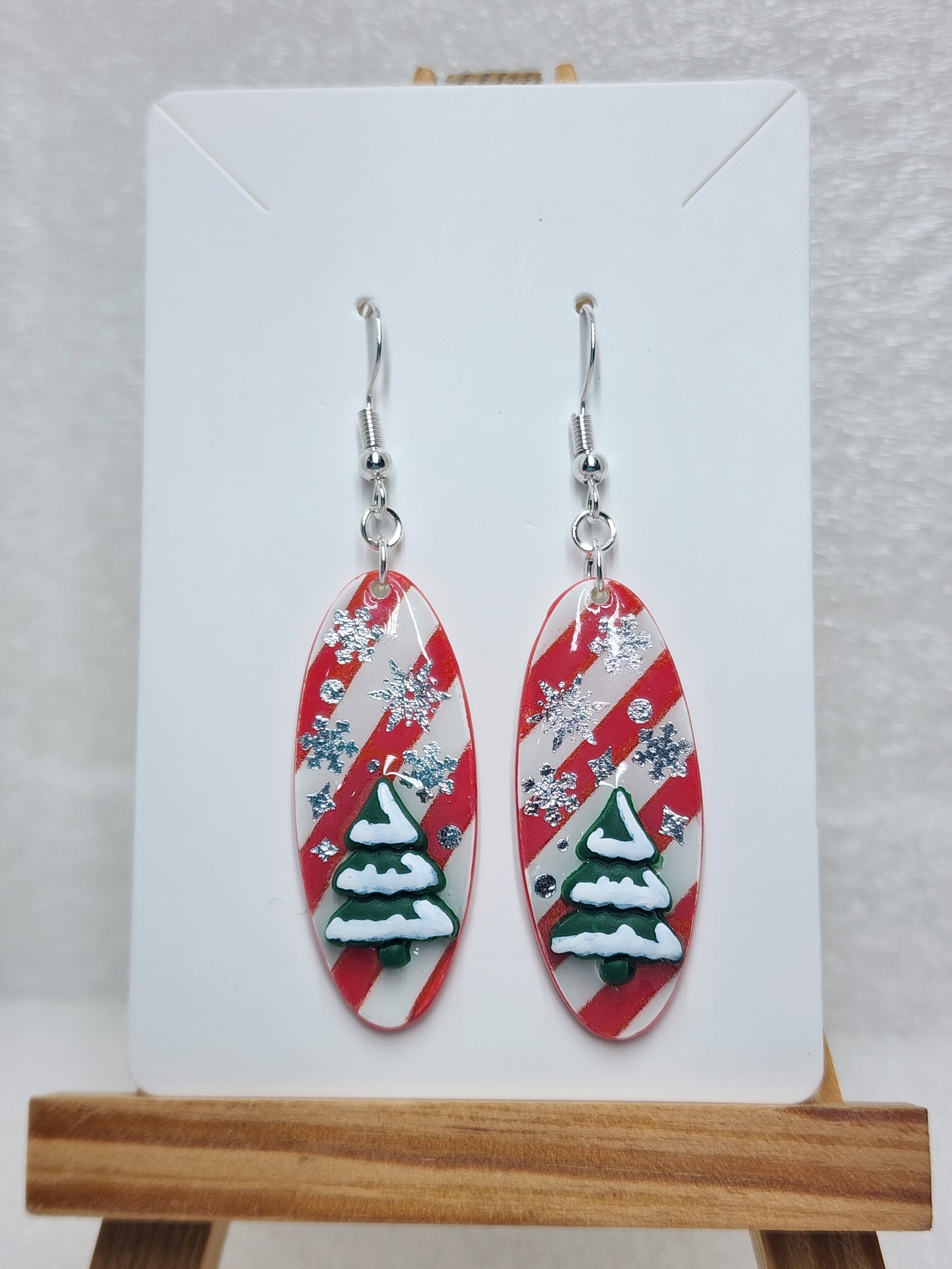 Handmade Polymer Clay Candy Cane Christmas Tree Earrings