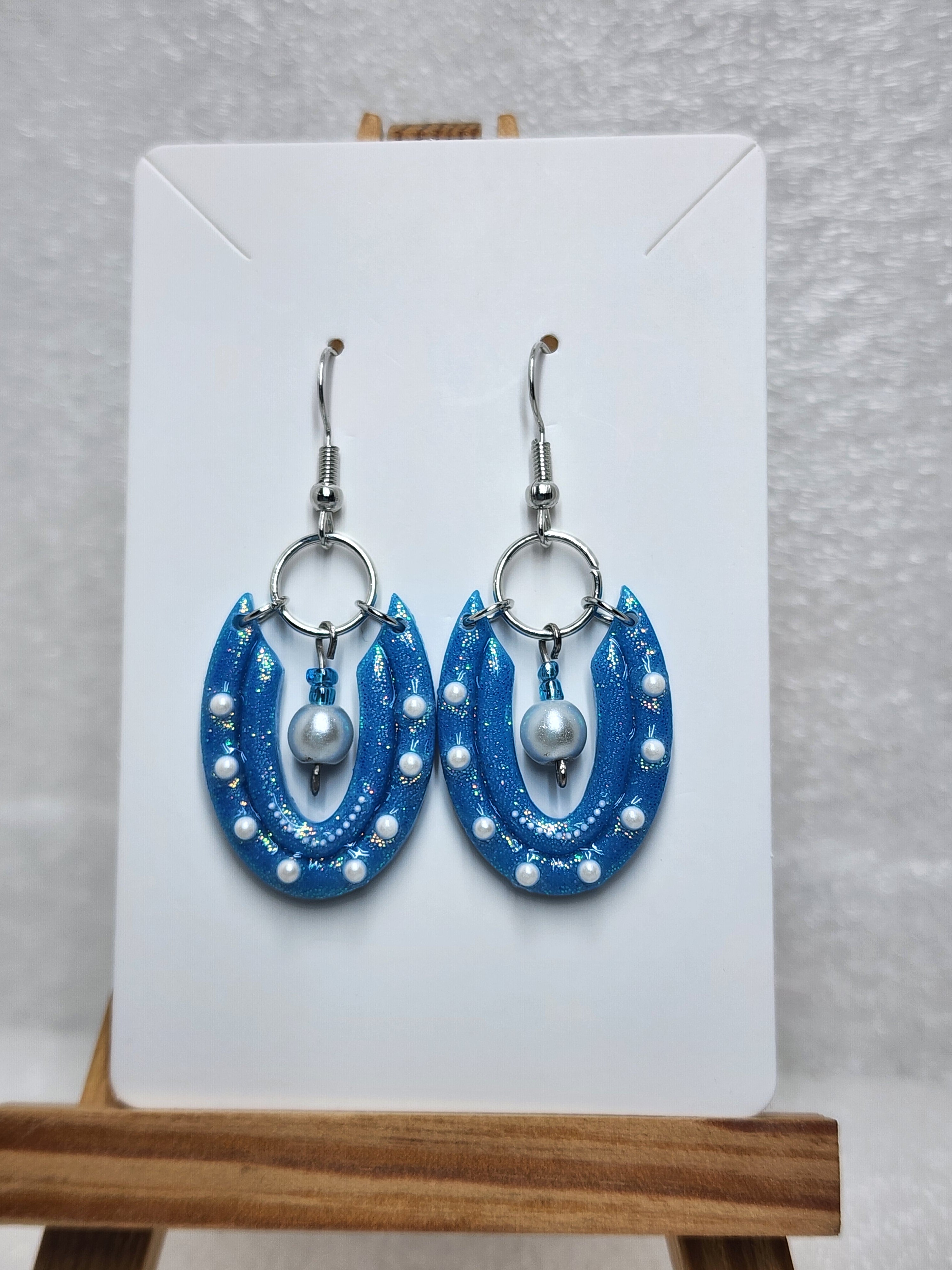 Handmade Polymer Clay Winter Blue Layered Earrings with Pearls
