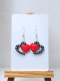 Double Heart Devotion Polymer Clay Earrings - Red Black Rhinestone Jewelry