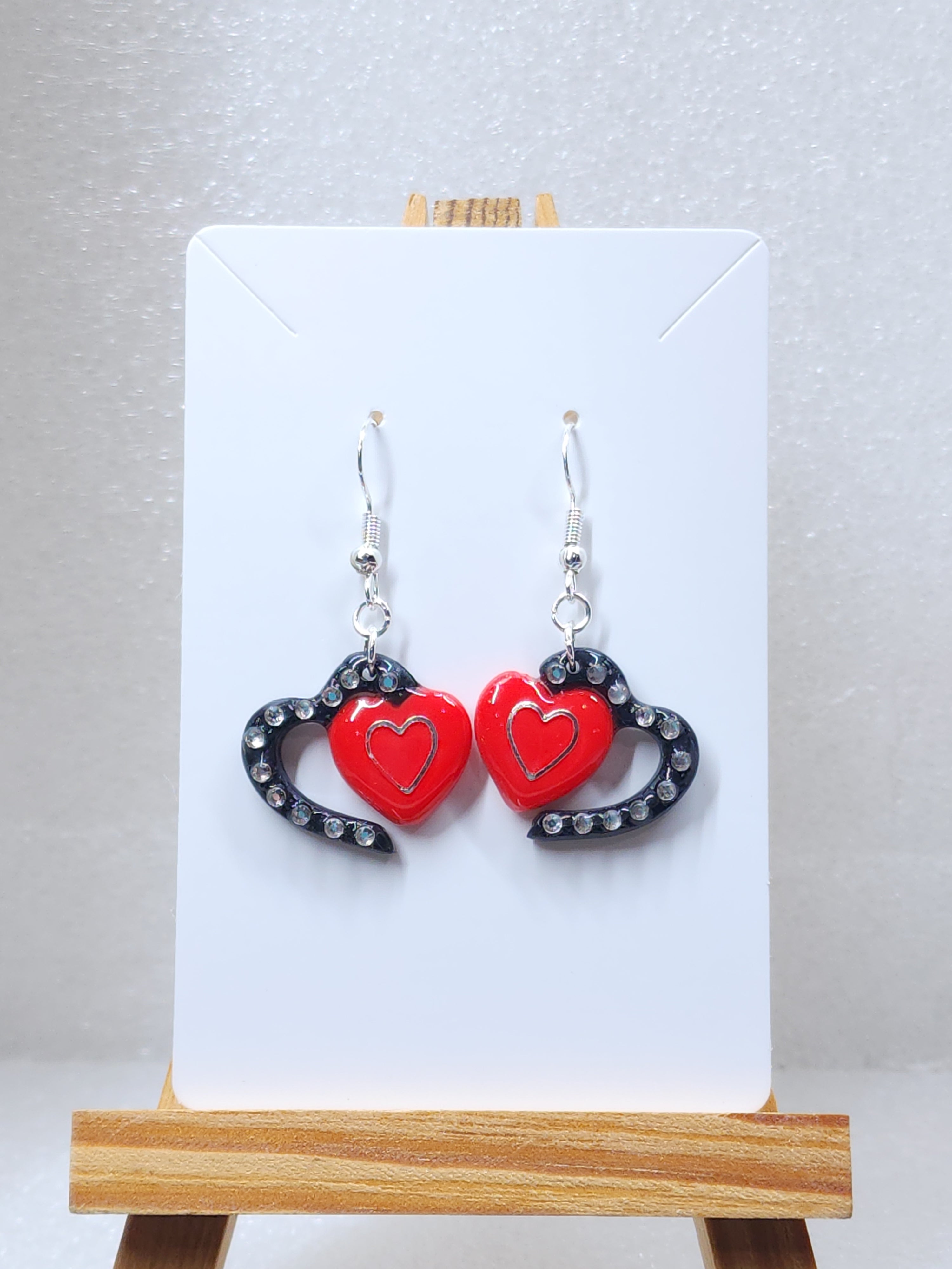 Double Heart Devotion Polymer Clay Earrings - Red Black Rhinestone Jewelry