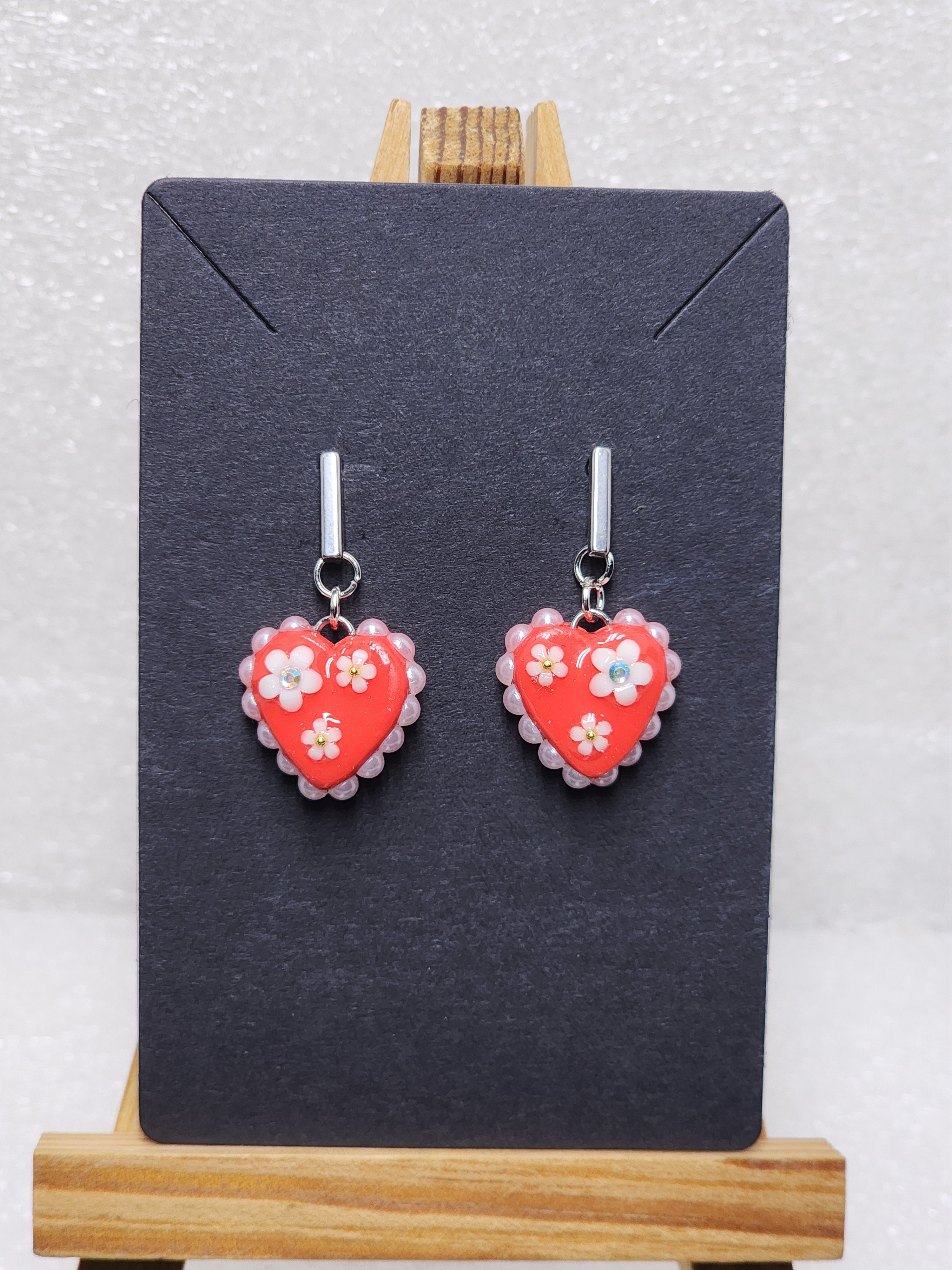 Blooming Hearts Polymer Clay Earrings - Handmade Floral Valentine Jewelry