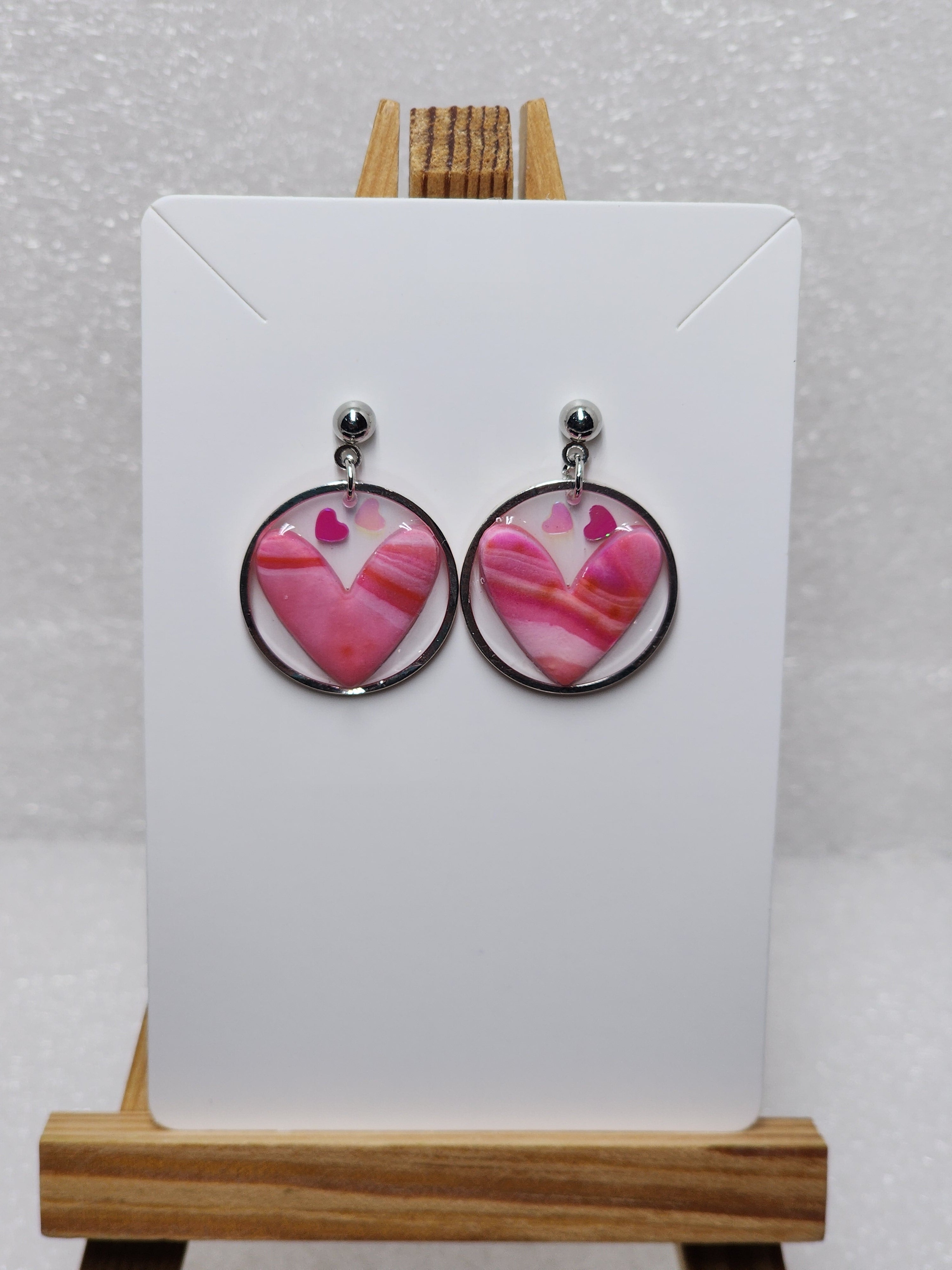 Hearts in Orbit Polymer Clay Earrings - Pink Marbled Hoop Jewelry
