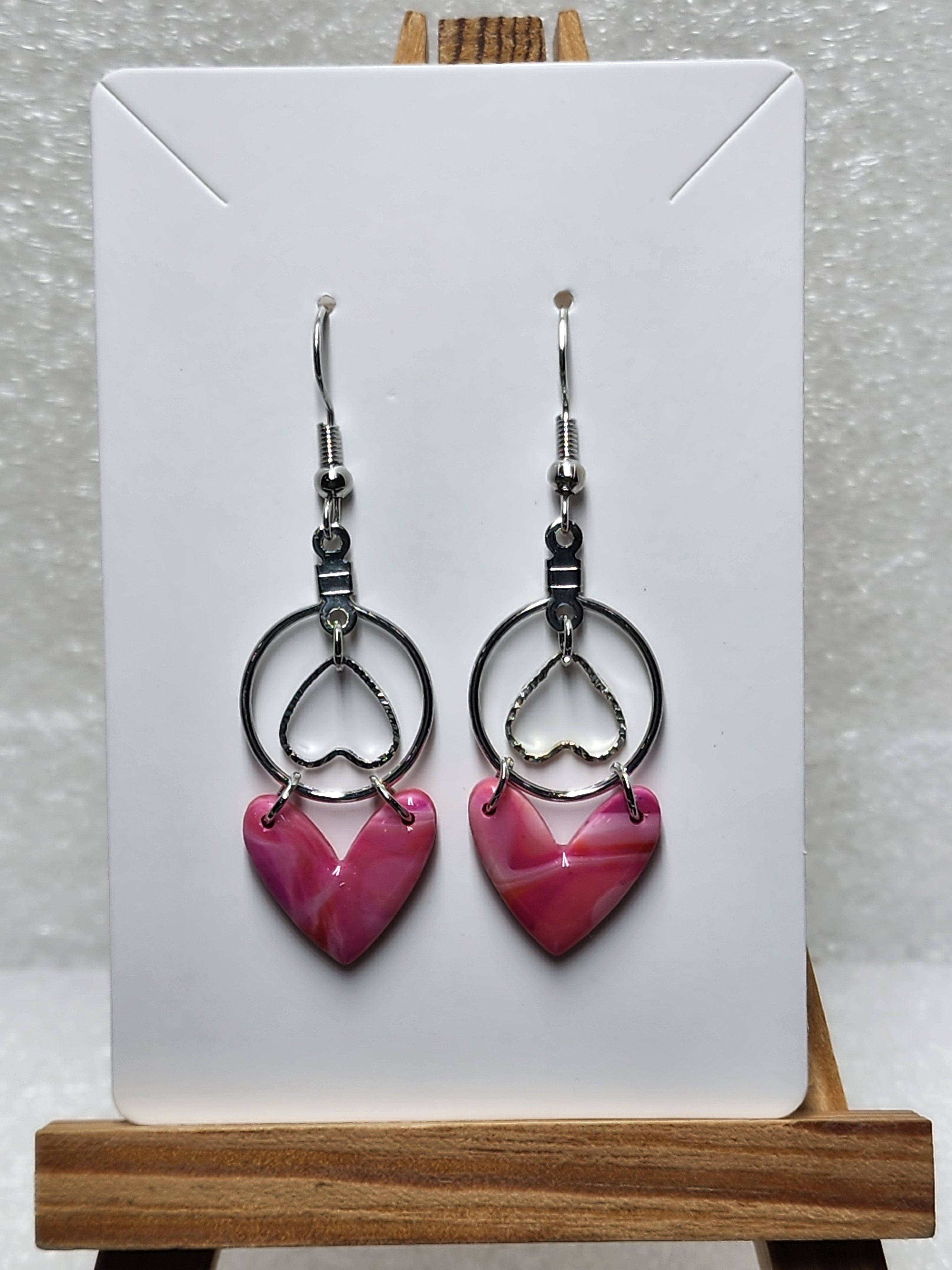 Cascading Hearts Polymer Clay Earrings - Pink Marbled Layered Jewelry
