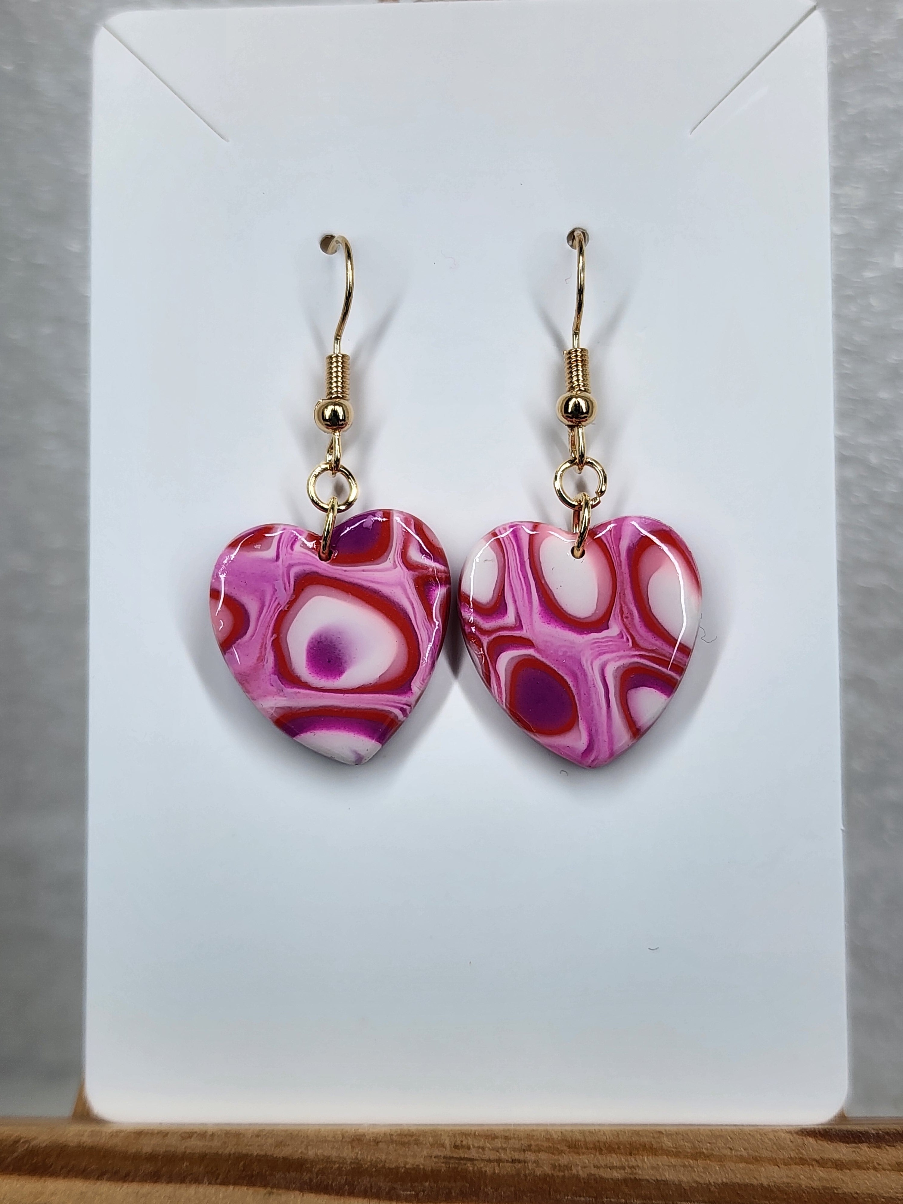 Pink Marbled Heart Polymer Clay Earrings