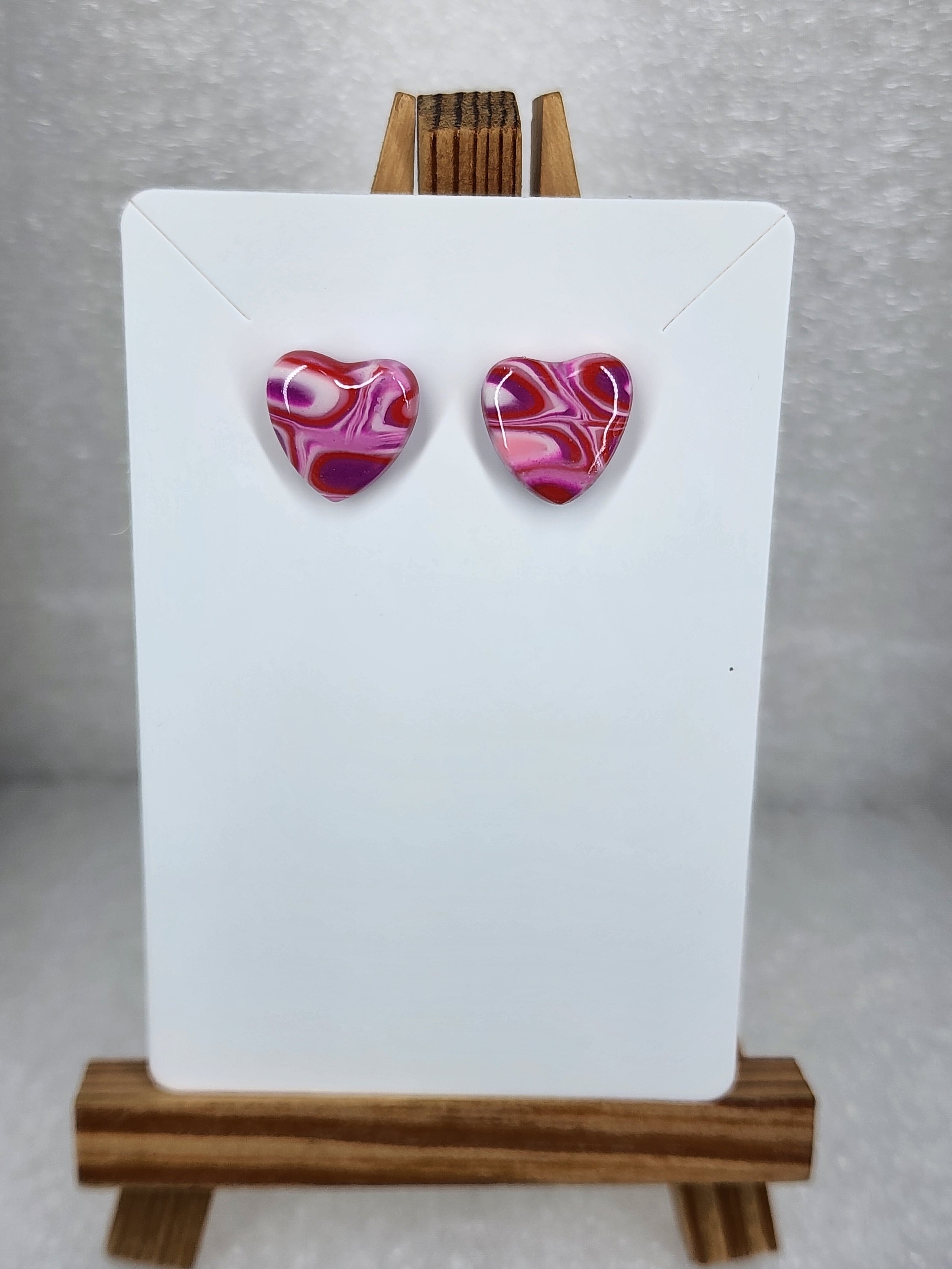 Pink Marbled Heart Polymer Clay Stud Earrings