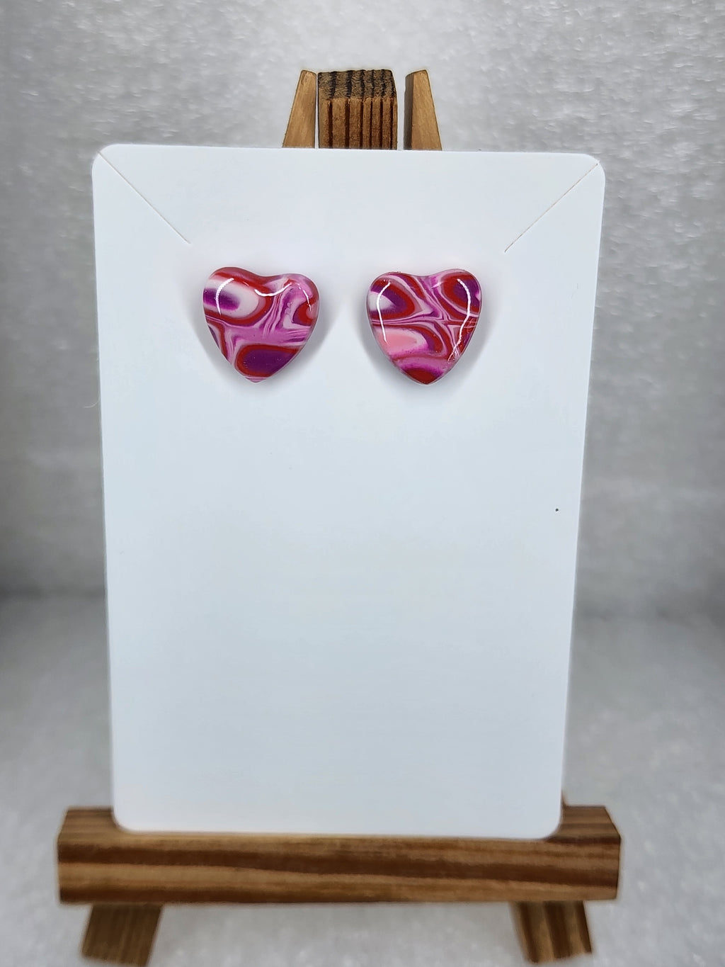 Pink Marbled Heart Polymer Clay Stud Earrings