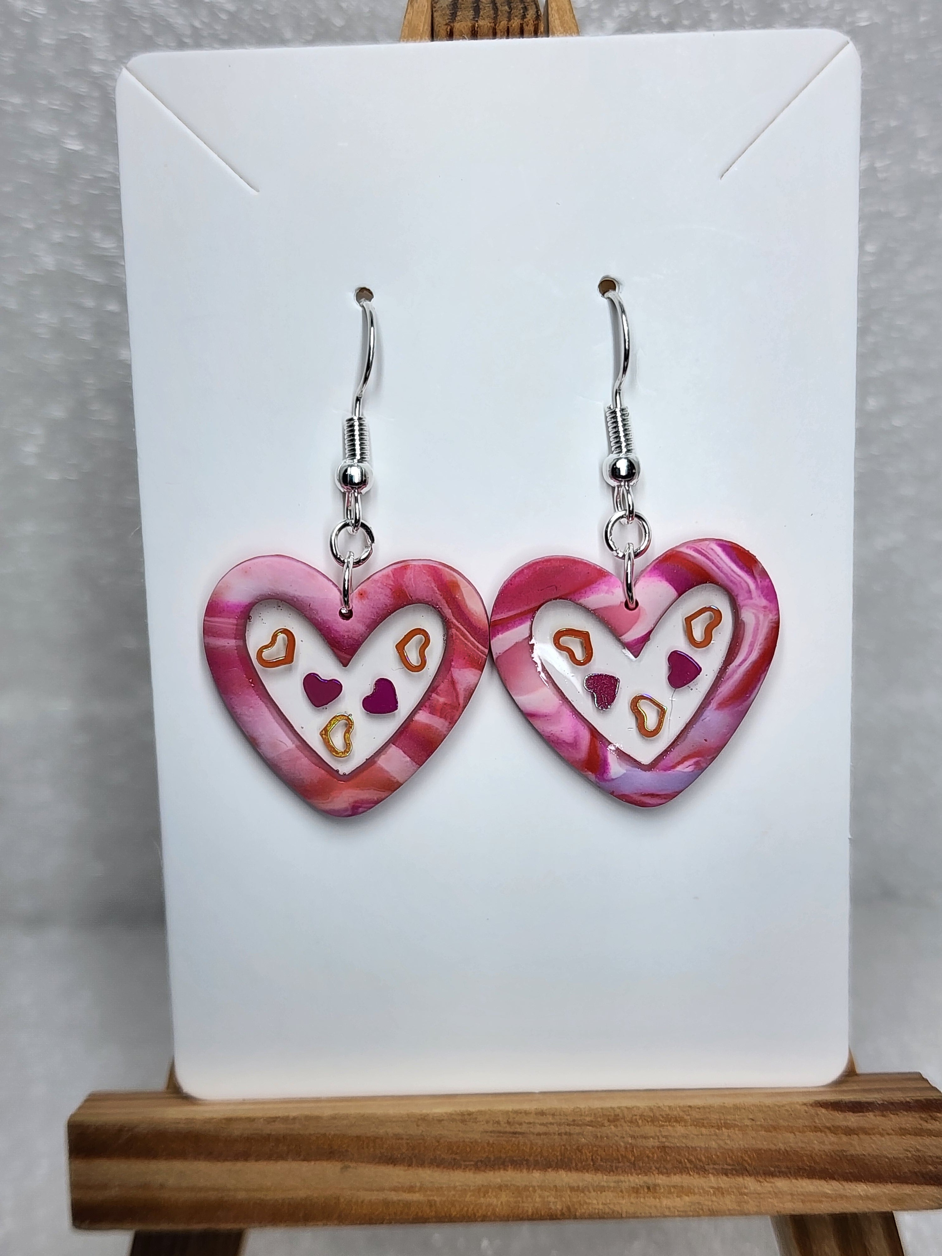 Pink Marbled Double Heart Polymer Clay Earrings