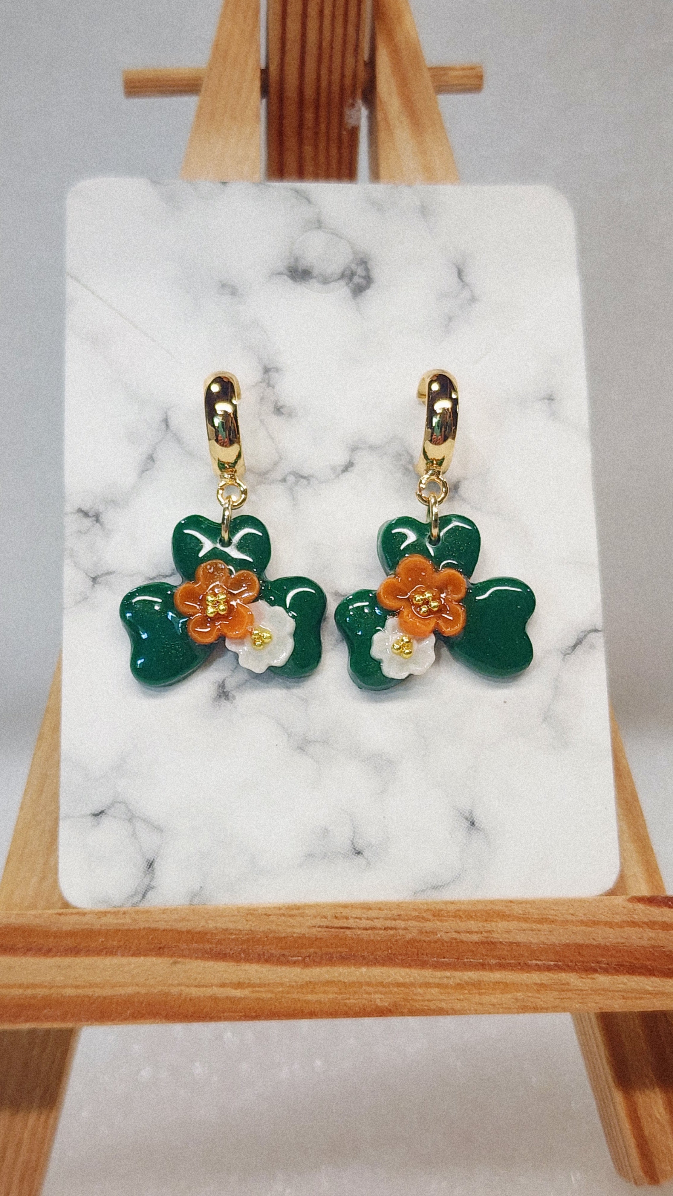 Tropical Flower Clover Earrings - Gold Hoop Dangle Earrings