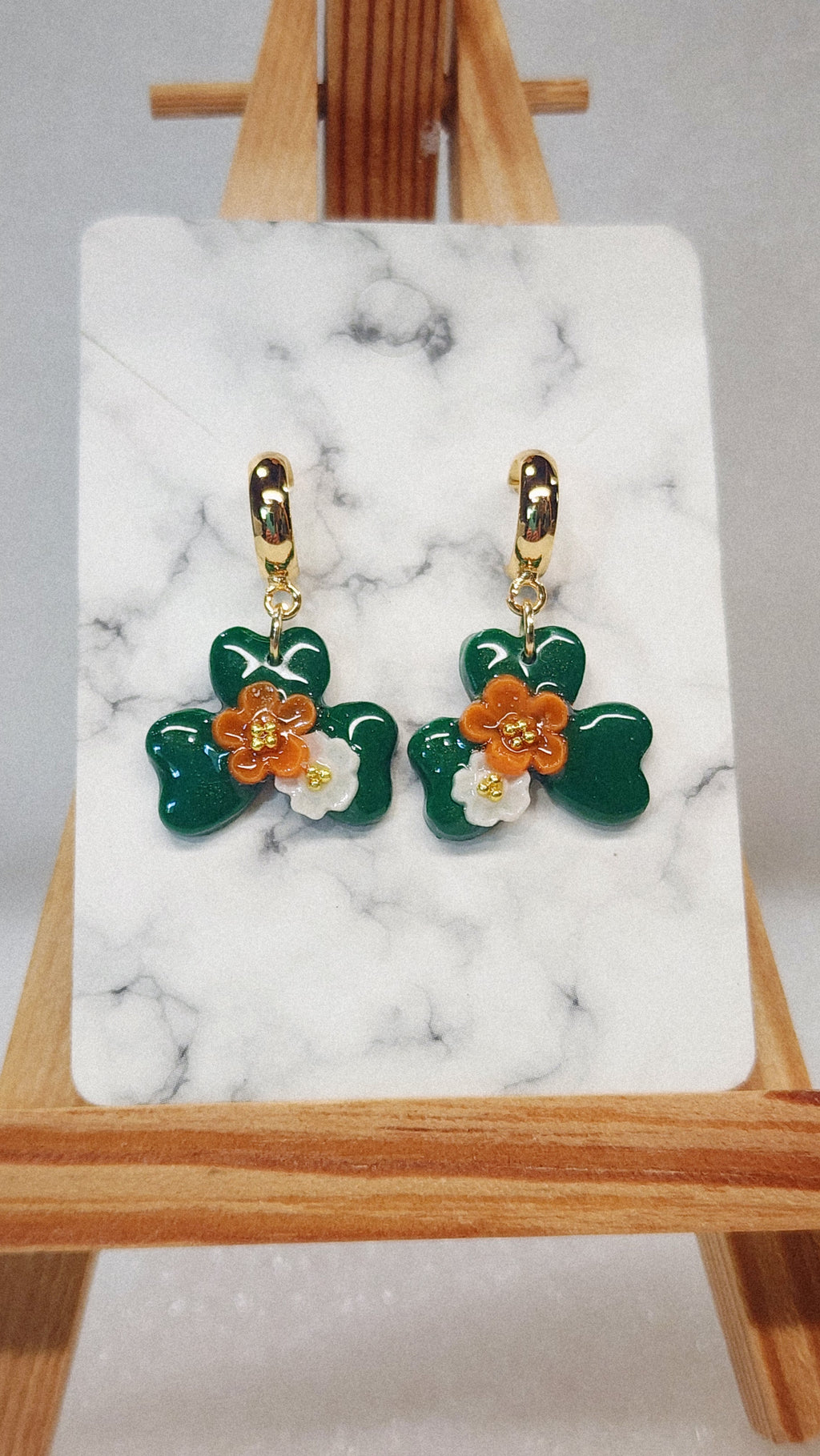 Tropical Flower Clover Earrings - Gold Hoop Dangle Earrings