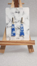 Blue Floral Trapezoid Earrings - Hawaiian Hibiscus Gold Bar Dangle Earrings