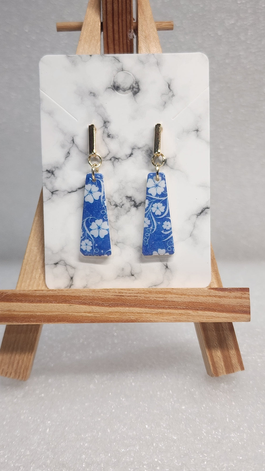 Blue Floral Trapezoid Earrings - Hawaiian Hibiscus Gold Bar Dangle Earrings