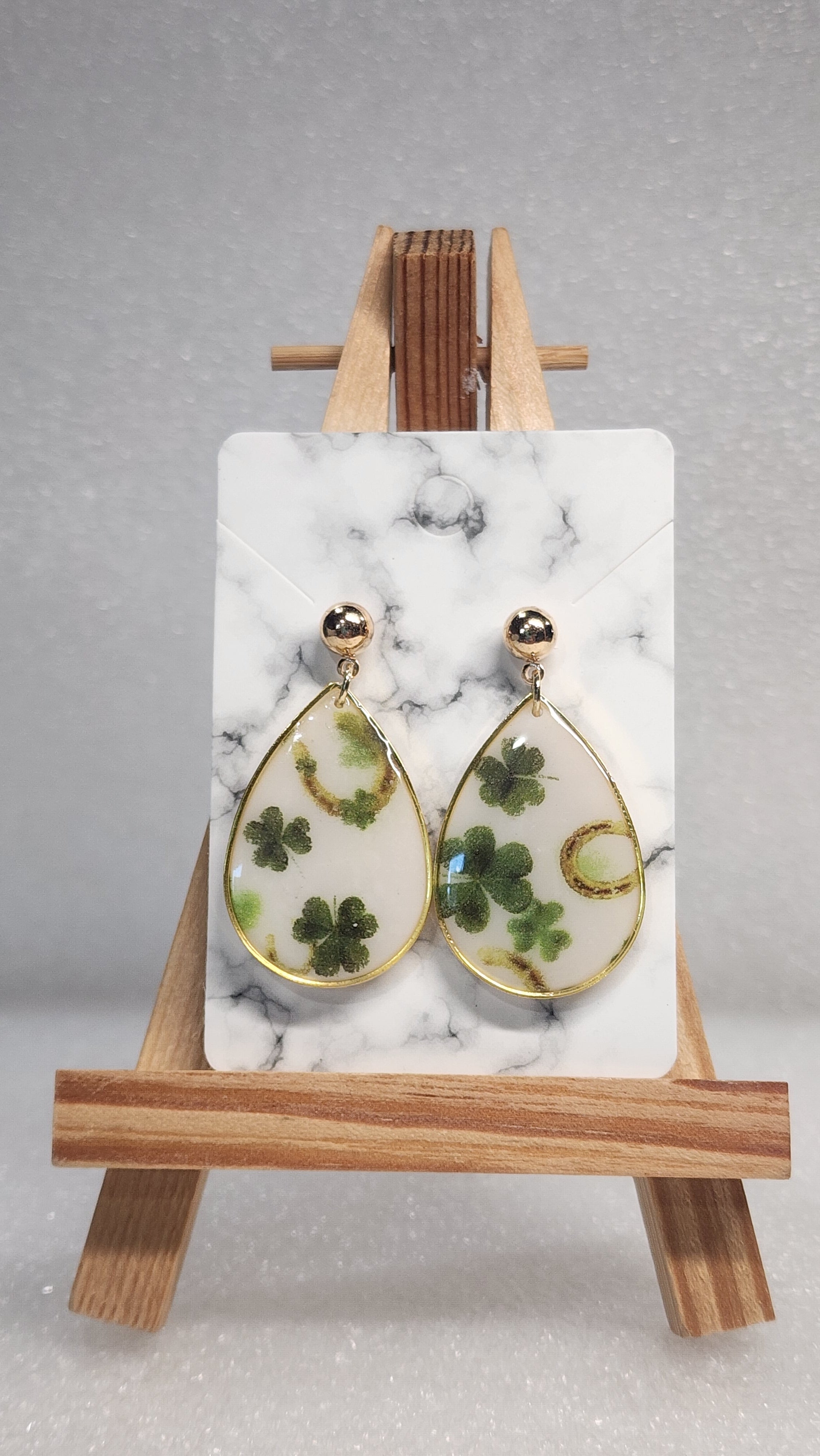 Clover Teardrop Earrings - Polymer clay/ Resin Earrings with Gold Trim