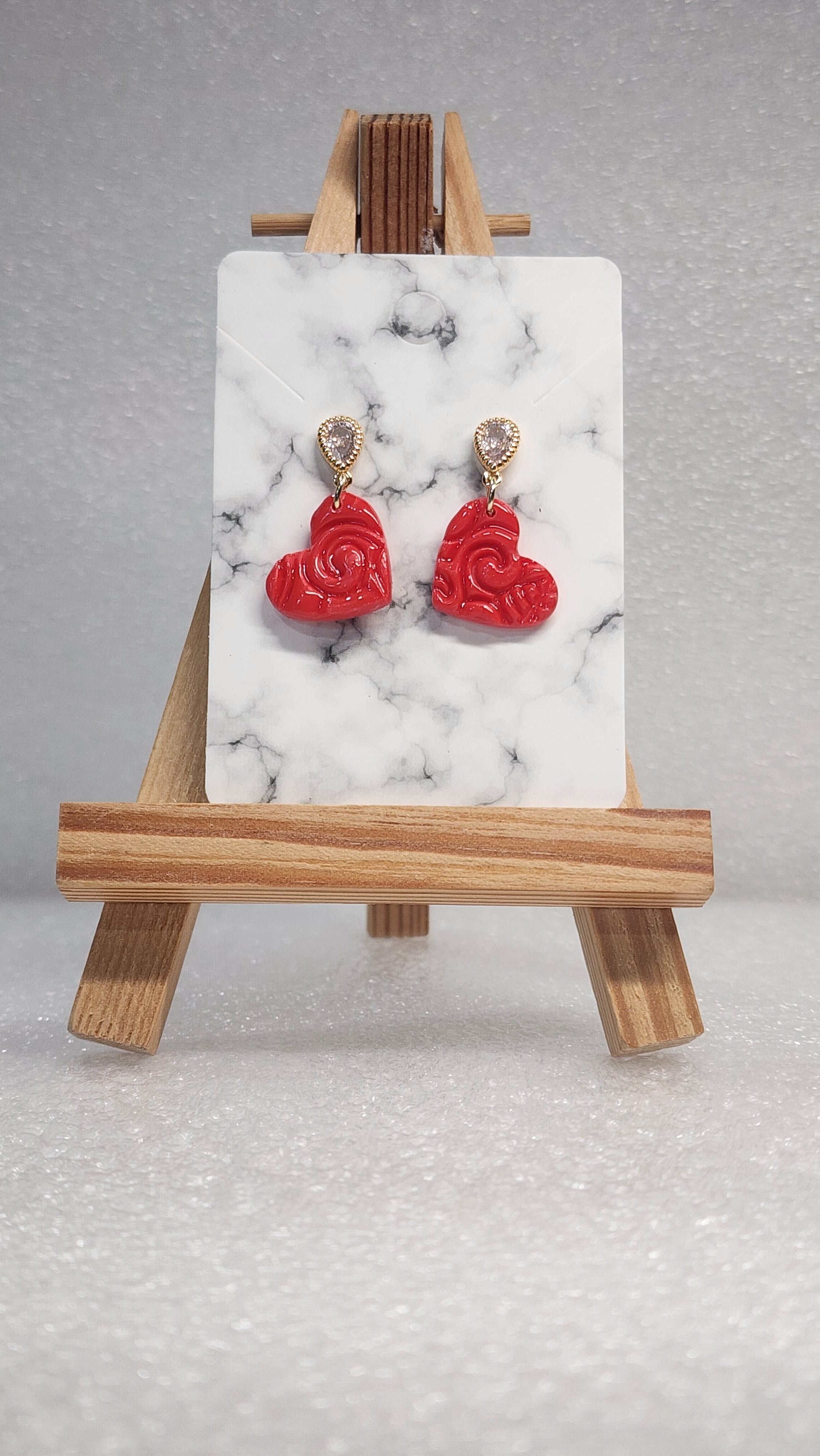 Red Rose Heart Earrings - Rhinestone Teardrop Dangle Earrings