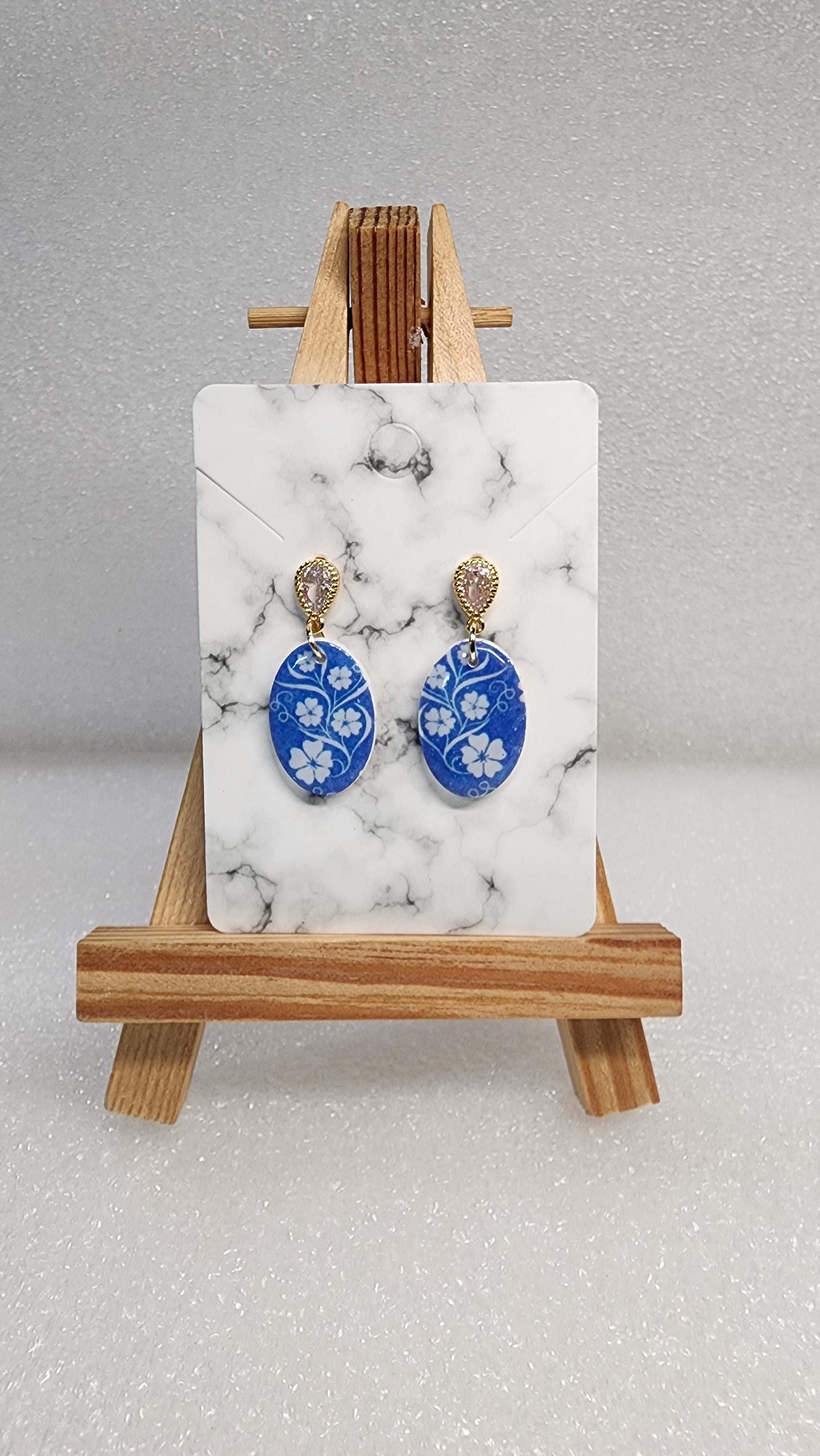 Blue Floral Oval Earrings - Hawaiian Hibiscus Gold Filigree Dangle Earrings