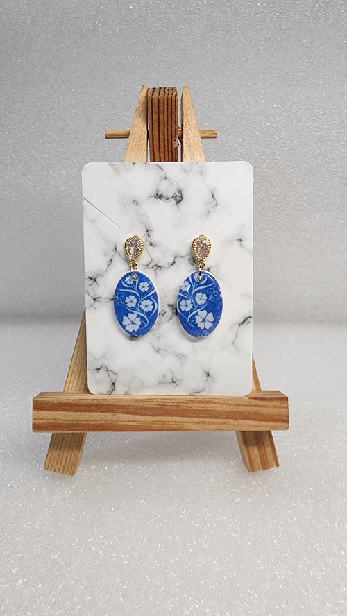 Blue Floral Oval Earrings - Hawaiian Hibiscus Gold Filigree Dangle Earrings