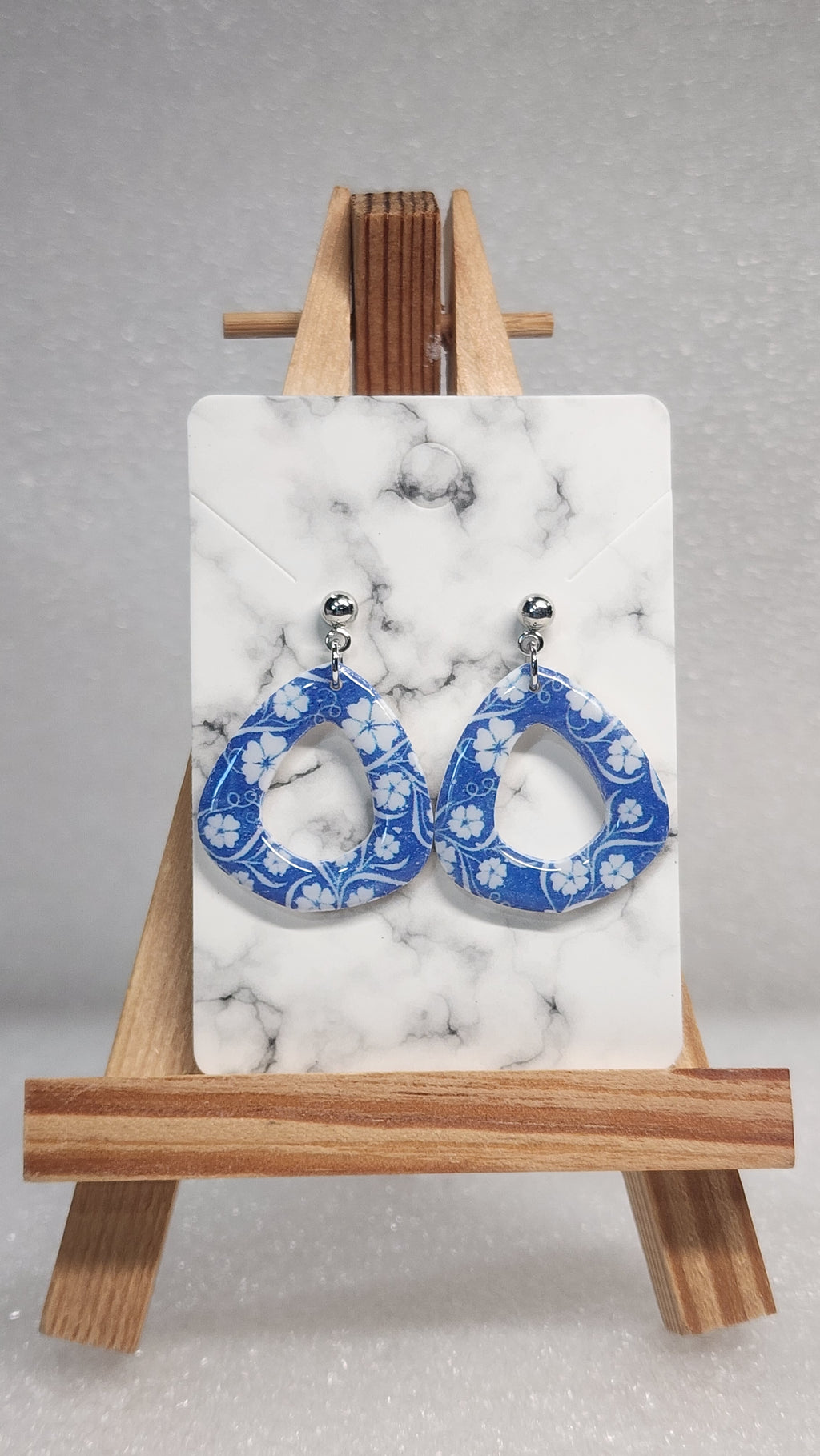 Blue Floral Cutout Teardrop Earrings - Hawaiian Hibiscus Silver Dangle Earrings