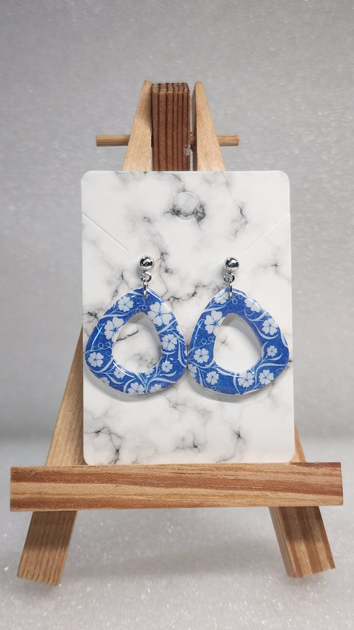 Blue Floral Cutout Teardrop Earrings - Hawaiian Hibiscus Silver Dangle Earrings