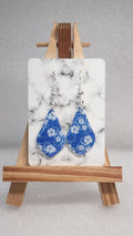 Blue Floral Geometric Earrings - Hawaiian Hibiscus Silver Hook Dangle Earrings