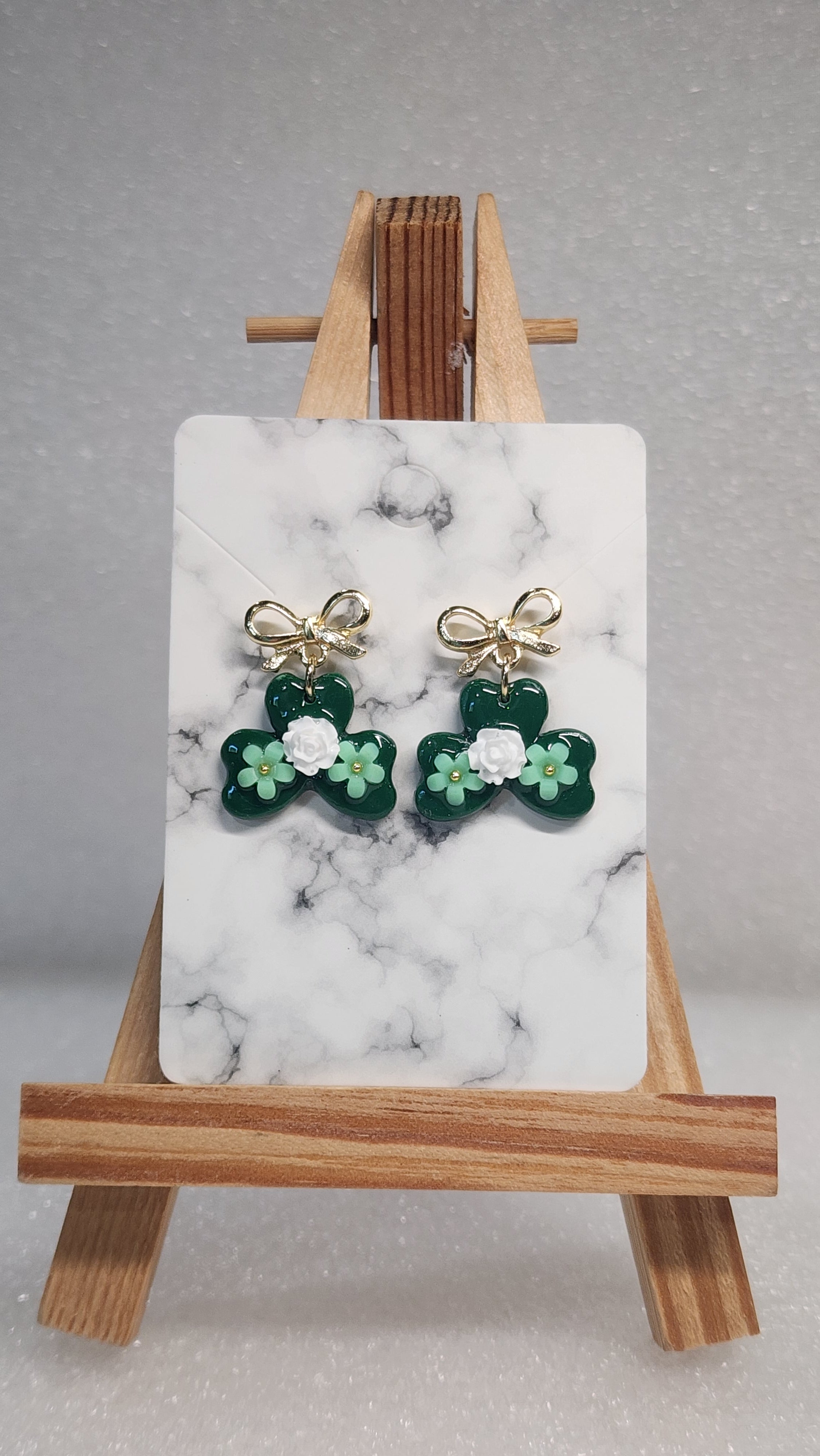 Green Clover Bow Earrings - Gold Bow Dangle Earrings