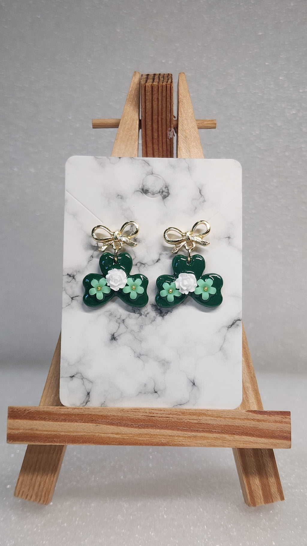 Green Clover Bow Earrings - Gold Bow Dangle Earrings