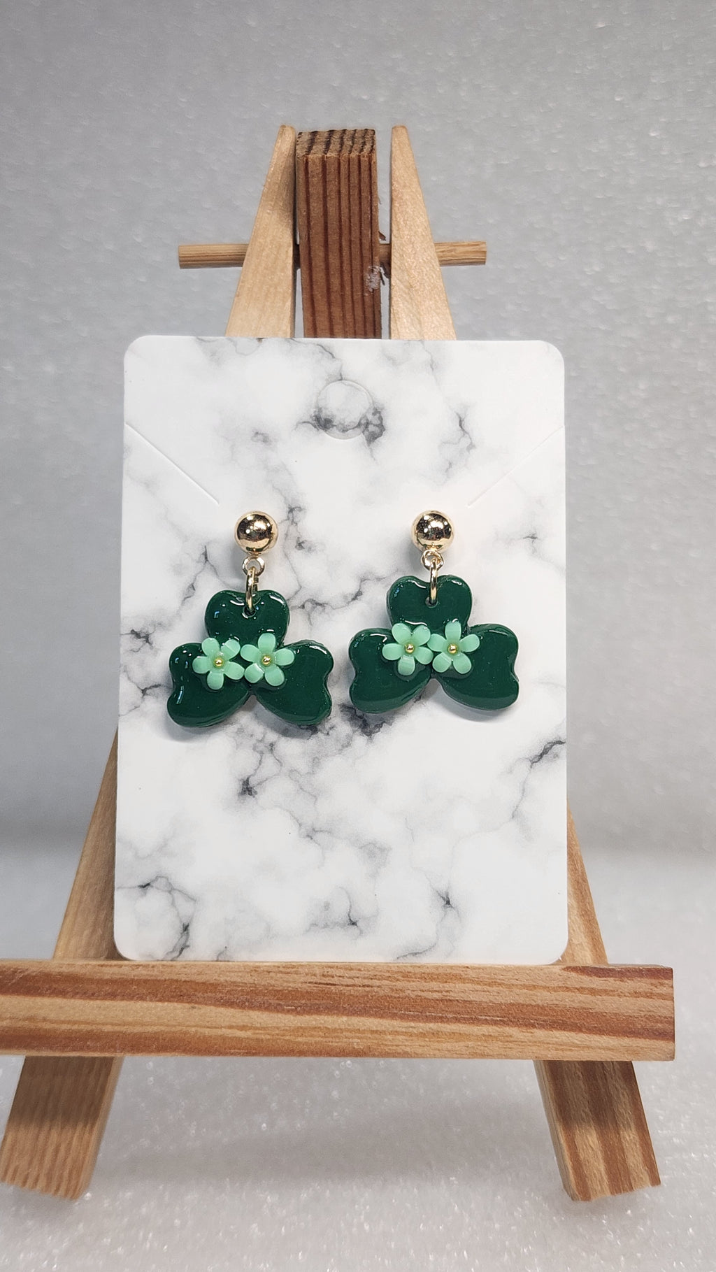 Green Shamrock Earrings - Gold Stud Dangle Earrings with Mint Flowers