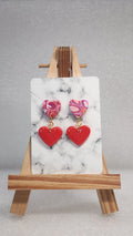 Pink Marble Double Heart Earrings - Red Heart Dangle Stud Earrings