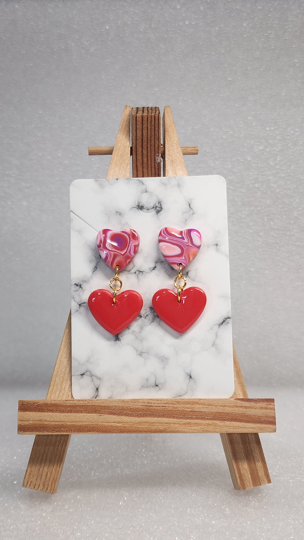 Pink Marble Double Heart Earrings - Red Heart Dangle Stud Earrings