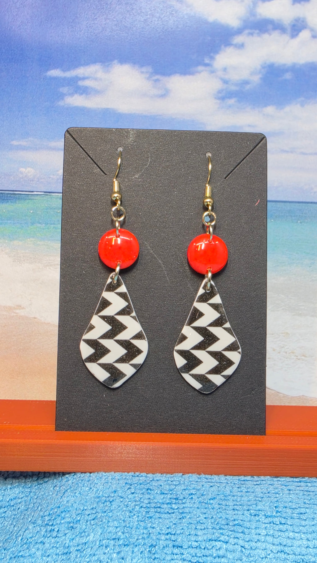 Chevron Teardrop & Red Bead Dangle Earrings