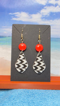Chevron Teardrop & Red Bead Dangle Earrings