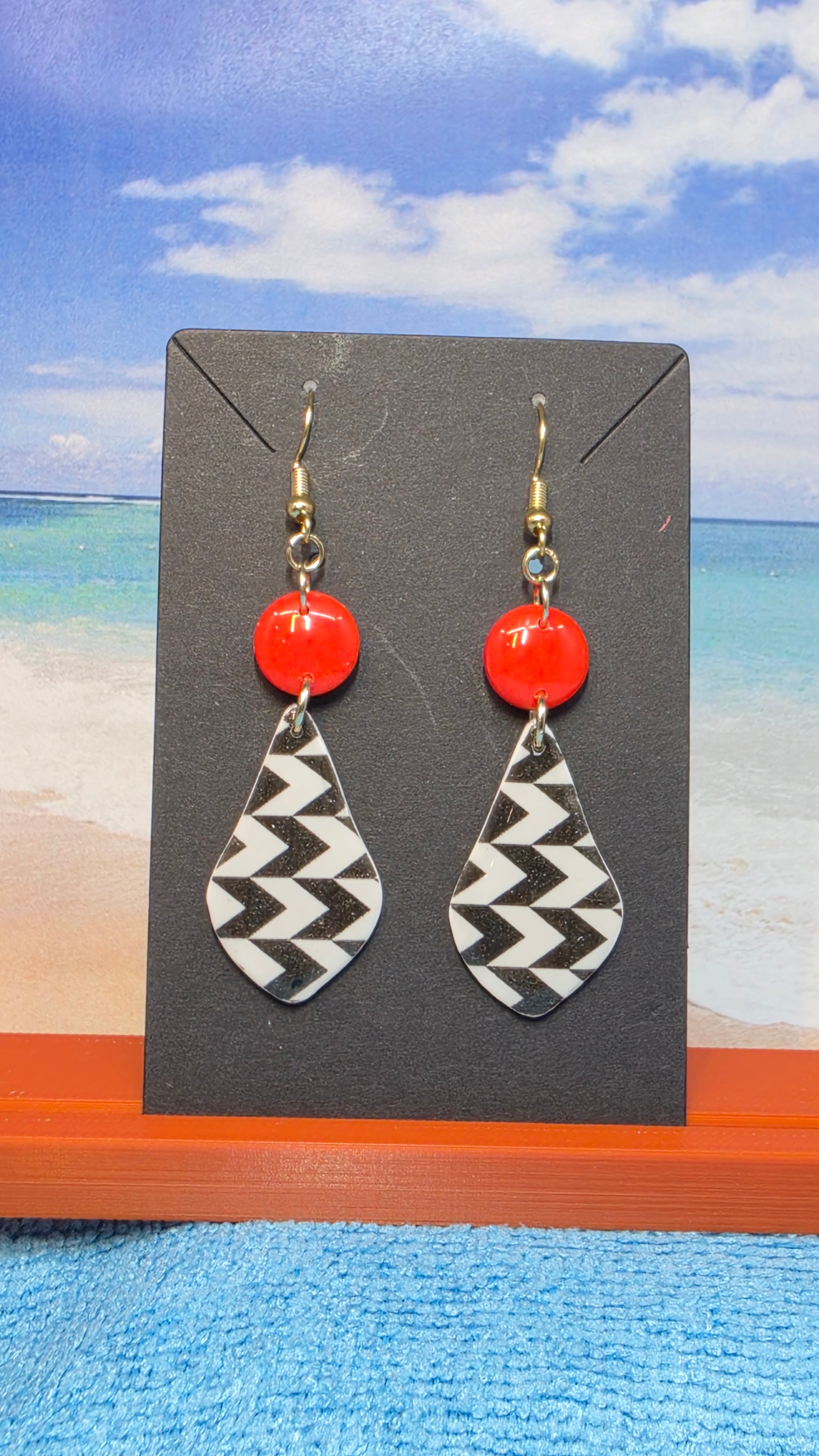 Chevron Teardrop & Red Bead Dangle Earrings