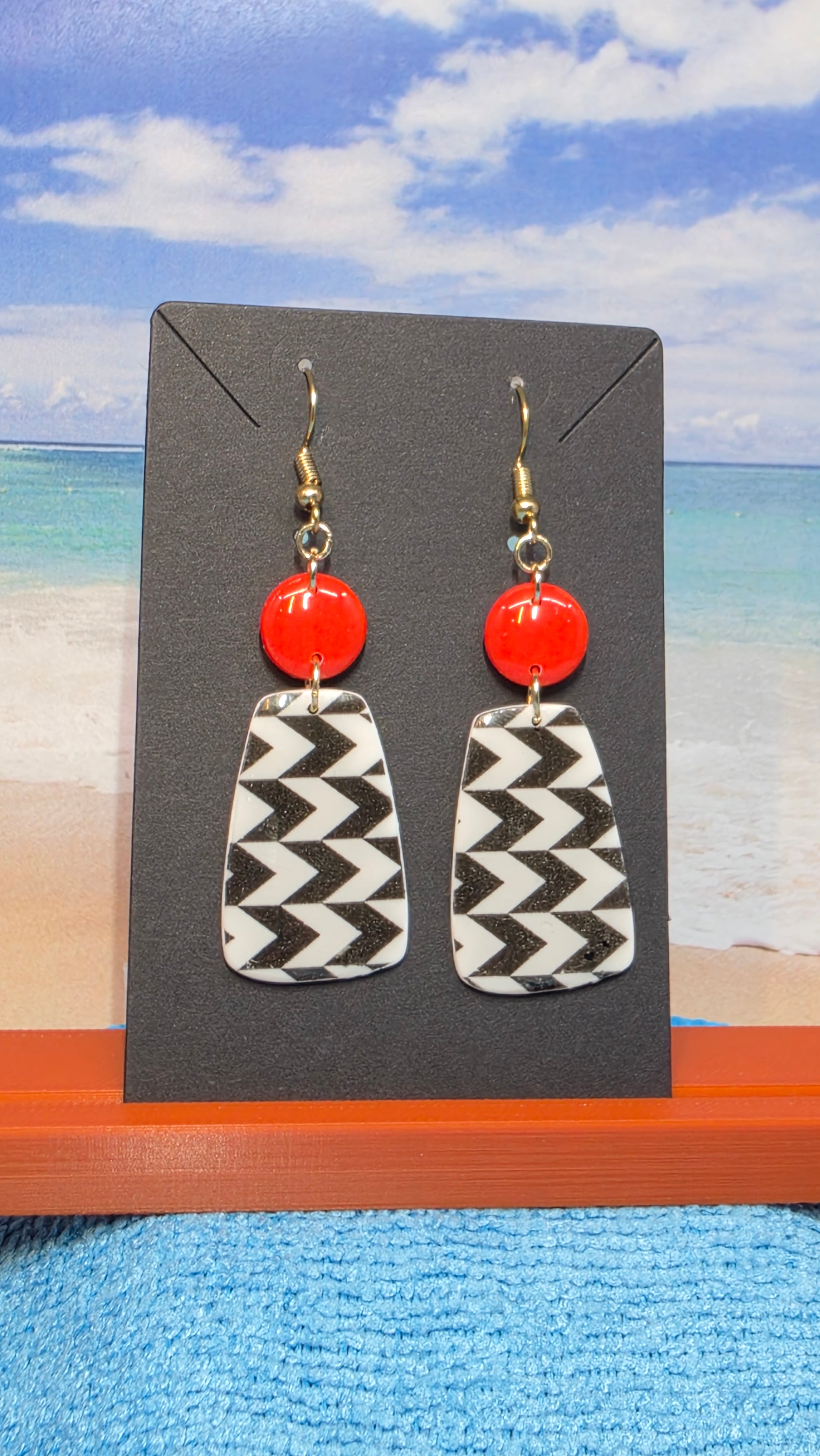 Chevron Trapeze & Red Bead Dangle Earrings