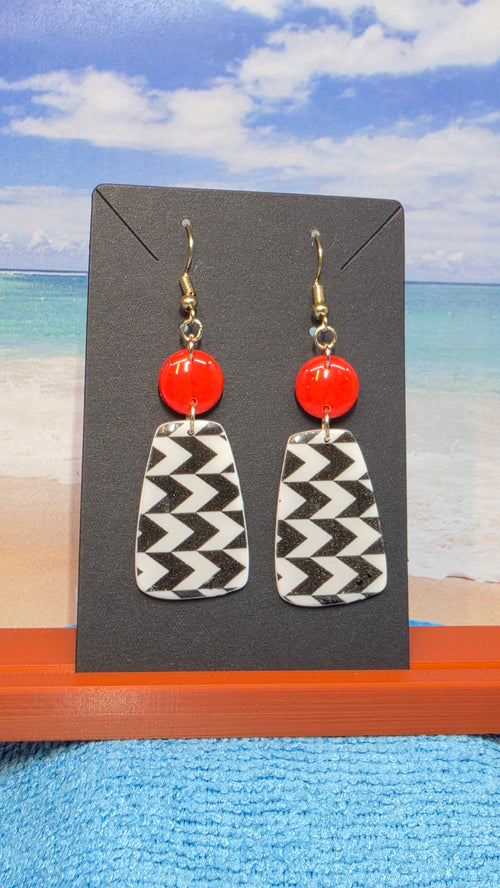 Chevron Trapeze & Red Bead Dangle Earrings