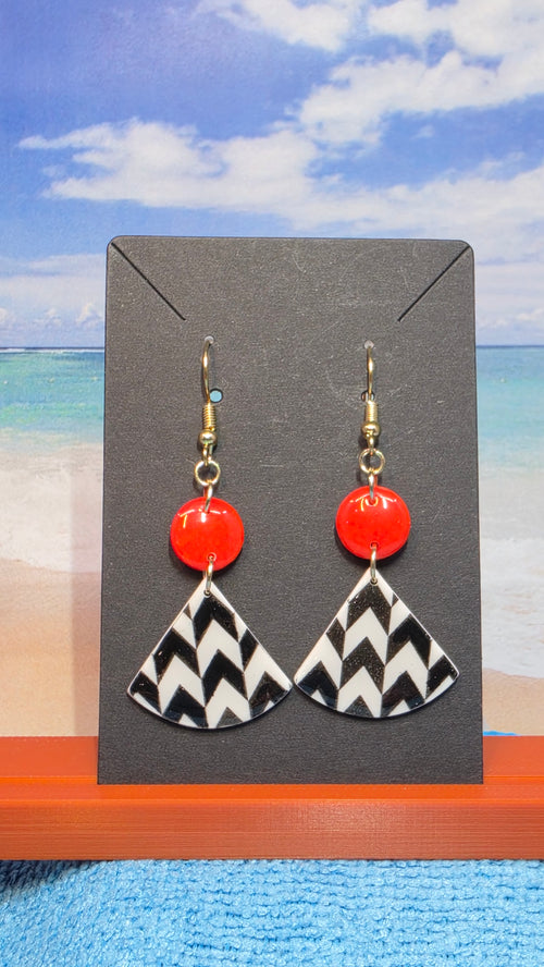 Chevron Fan & Red Bead Dangle Earrings