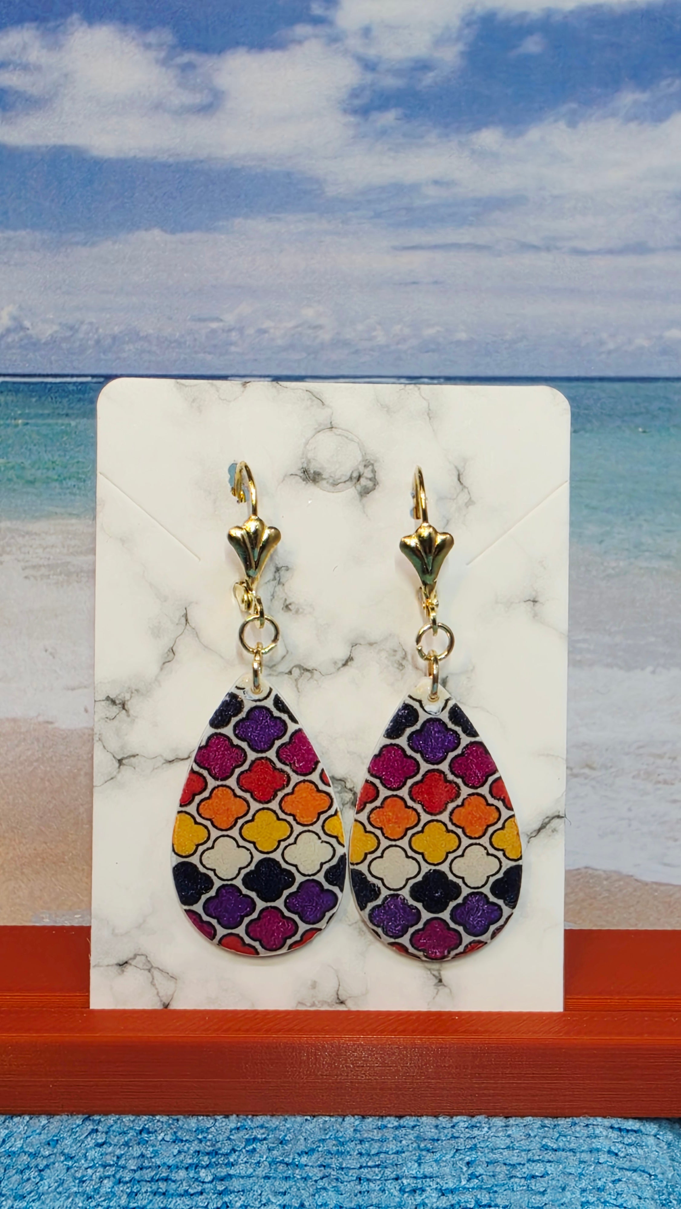 Moroccan Tile Teardrop Dangle Earrings – Gold Leverback