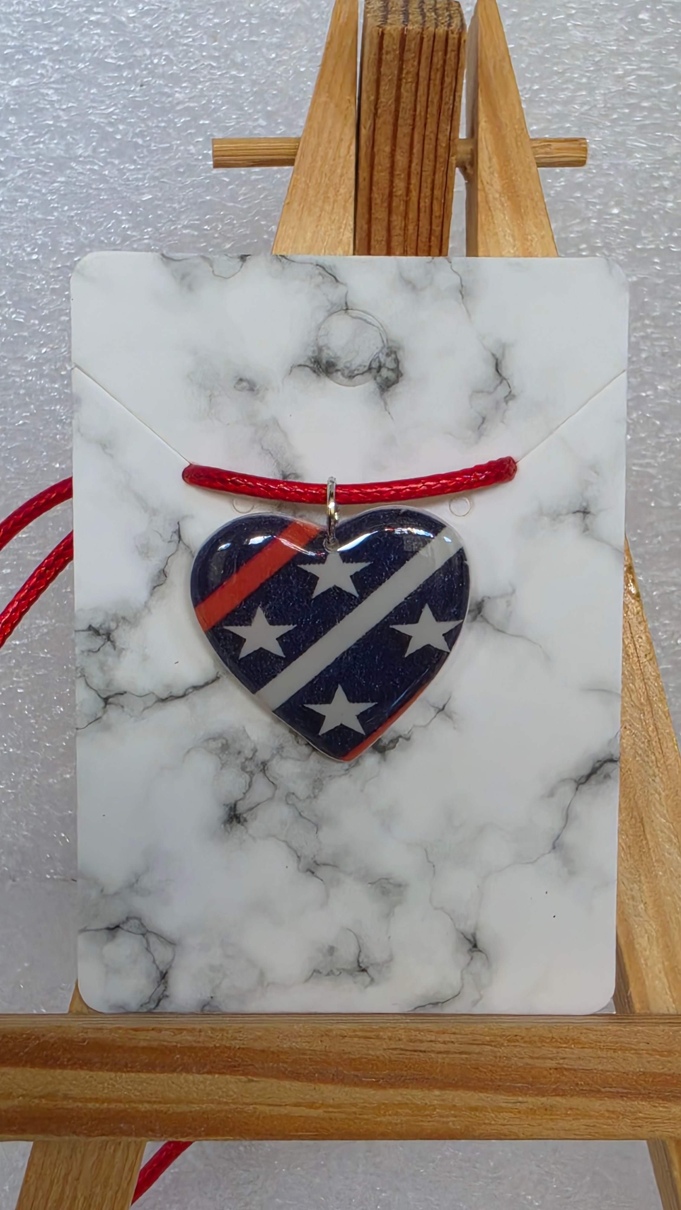 Patriotic Stars & Stripes Heart Necklace – Red Cord